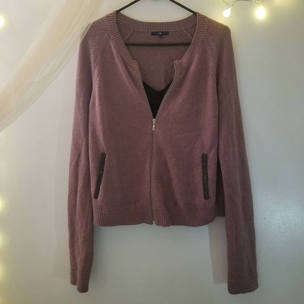 Dusty Rose Zip Knit Sweater with Leather Trim